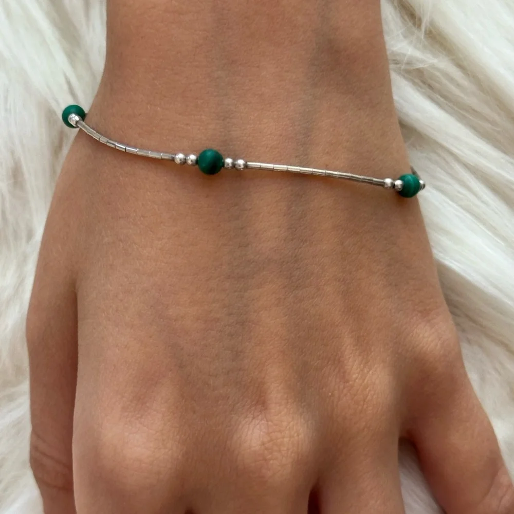 Elegant 925 sterling Silver Bead Bracelet Malachite